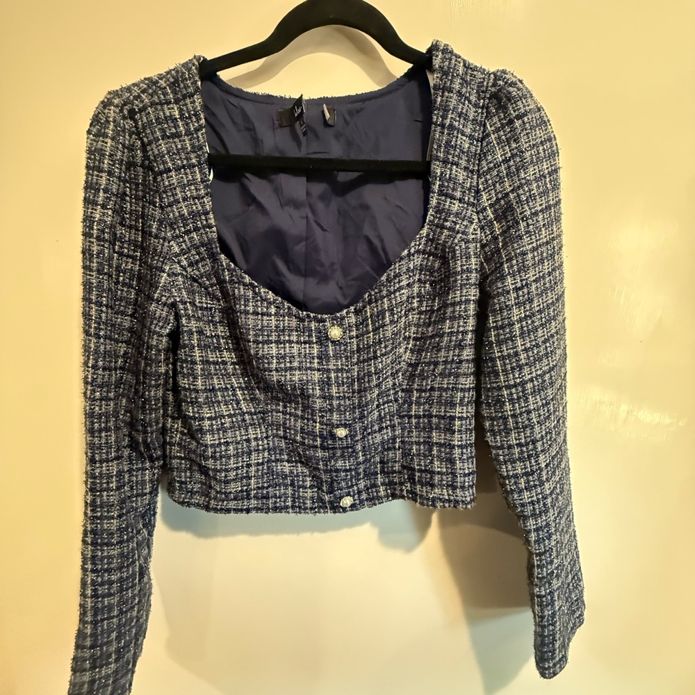 Lulus Blue Tweed Cropped Jacket Button Front Long… - image 3